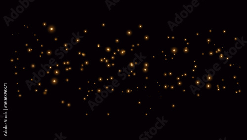 Vector illustration of a fireworks. Glowing golden light particles on dark brown background