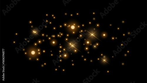 Glowing golden light particles on dark brown background. Abstract background with stars. 