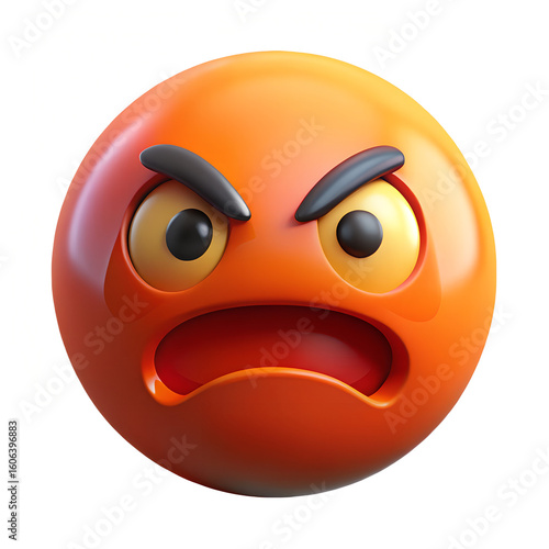 An orange angry emoji face with furrowed brows expresses rage and frustration isolated on white background