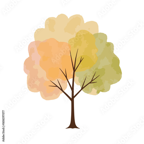 Autumn tree in soft pastel colors on white background, seasonal beauty