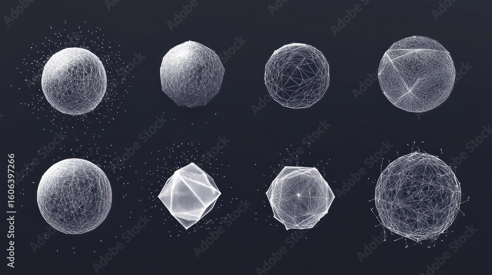 Obraz premium Eight abstract polygonal spheres and geometric shapes.