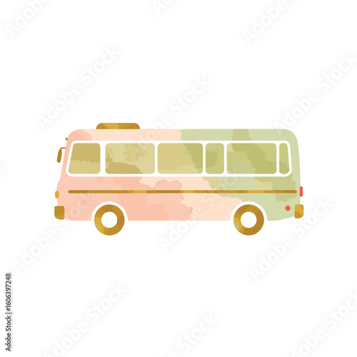 Pastel-colored bus with gold and olive accents on white background, travel concept