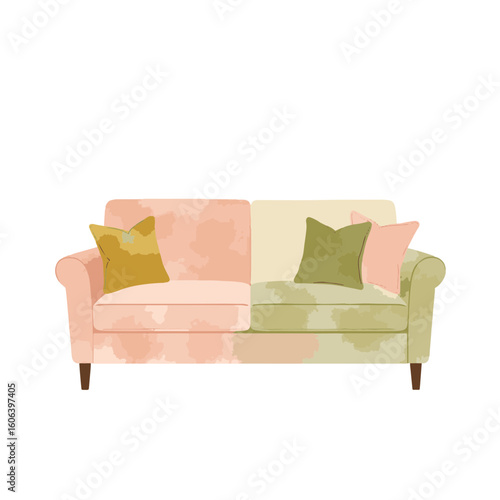 Pastel sofa with cushions showcasing comfort and elegance, interior design
