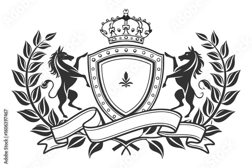 Elegant heraldic crest emblem with prancing horses crown shield and decorative laurel elements suitable for logo design