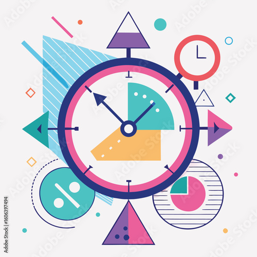 Abstract clock design with geometric shapes and pastel colors representing time and concepts