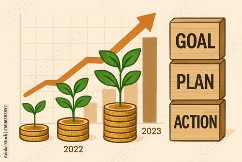 Financial growth illustrated by plants on coins with a rising graph and goal, plan, action blocks