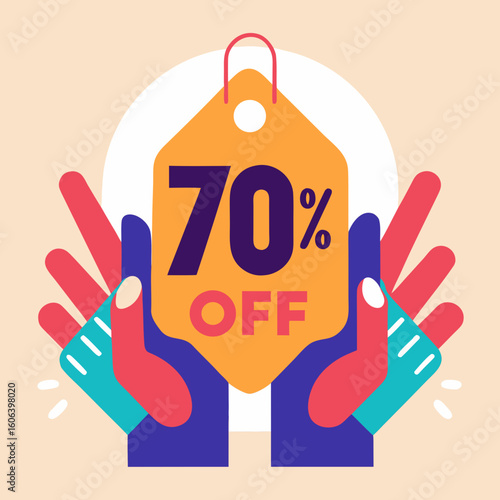 Seventy percent off sale tag held by abstract hands