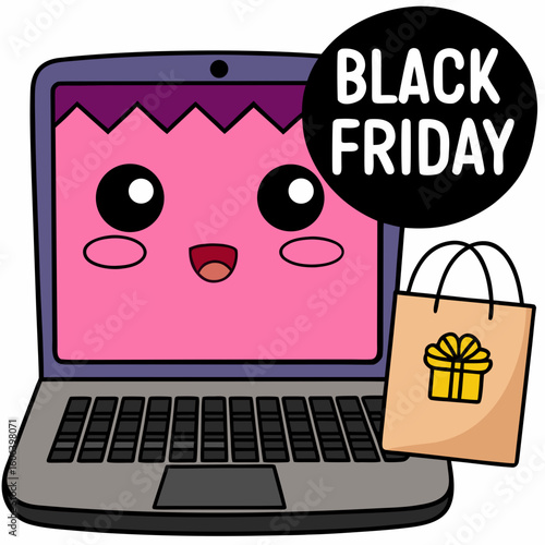 Cute kawaii laptop character celebrating black friday shopping