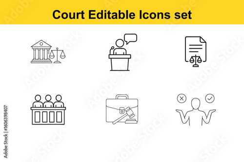Collection of Court and Legal System Icons Representing Justice Law and Legal Proceedings in Outline Style