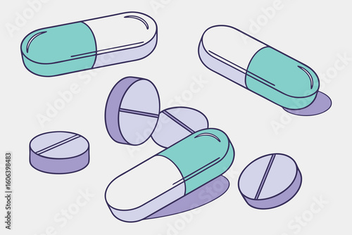 Isometric illustration of various pharmaceutical pills and capsules depicting healthcare and medical treatments against a simple background