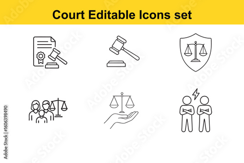 Collection of Court and Justice Related Editable Icons Representing Law Judgement Conflict and Legal Protection