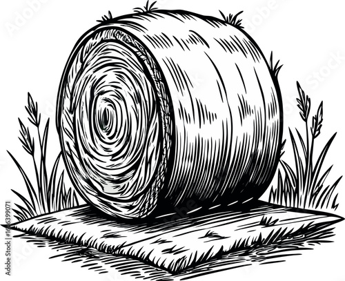 Detailed sketch of a round hay bale resting on a grassy square in a field silhouette