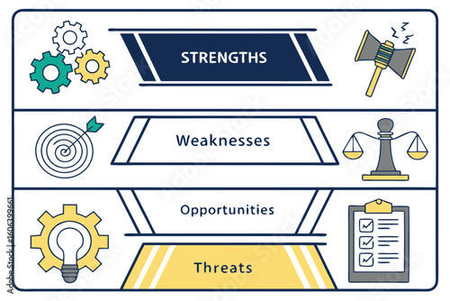 Swot analysis diagram illustrating strengths weaknesses opportunities and threats for business strategy and planning