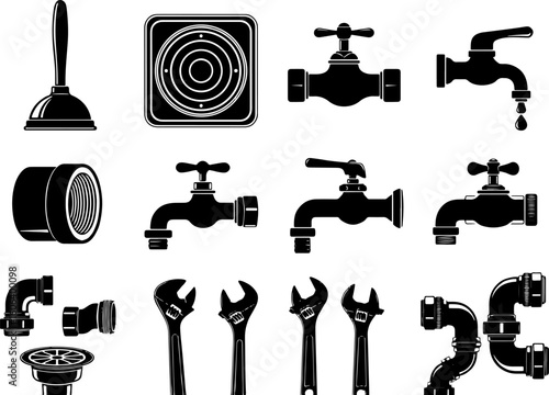 Vector art of set of plumbing and tool icons for home maintenance and repair