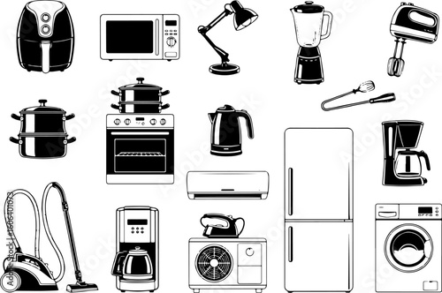 Vector art of assortment of kitchen appliances and home devices