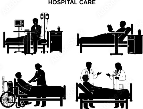 Vector art of hospital care scenes with patients and medical staff