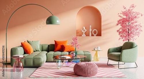 Modern living room decor idea with green sofa and pink accents for home interior design inspiration