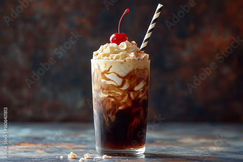 A tall glass of dirty soda sits on a table, featuring creamy swirls mixing into a dark cola base. The drink is topped with crushed ice and a bright red maraschino cherry,summer, refreshment, and sweet