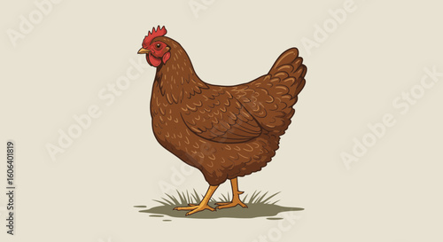 Elegant brown hen standing proudly on grass, perfect for farm, agriculture, or livestock visuals