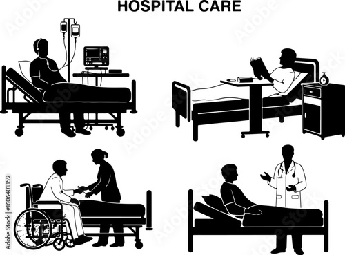 Vector art of hospital care scenes with patients and medical staff