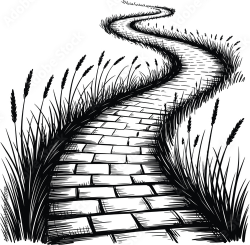 Curved Brick Pathway Vector Illustration, Winding Road with Grass Silhouette Art

