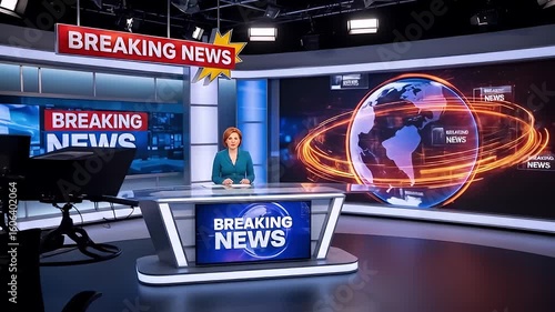 Female News Presenter in Teal Blazer Reporting Live from Modern Television Studio with Globe Graphic and Breaking News Banner