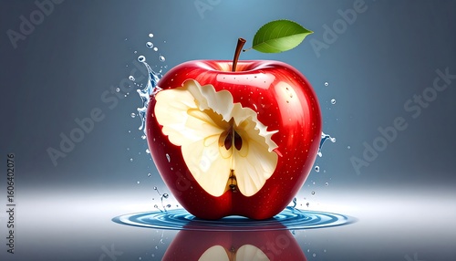 A bitten red apple, splashed with water