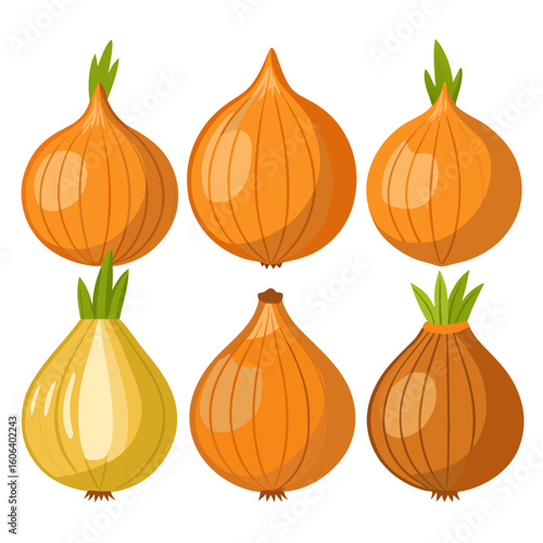 A collection of six cartoon onions arranged in two rows showcasing their bulbous shapes papery skins and vibrant green sprouts set against a clean white