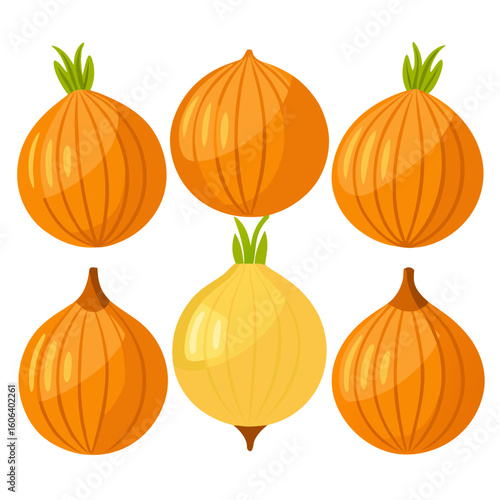 A vibrant illustration showcases six stylized onions in varying shades of yellow and orange some with green sprouts arranged on a clean white background perfect