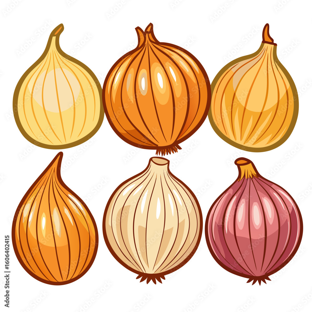 Obraz premium A colorful illustration showcasing six different onion varieties including yellow white red and brown arranged in a grid pattern against a clean white background Cartoon