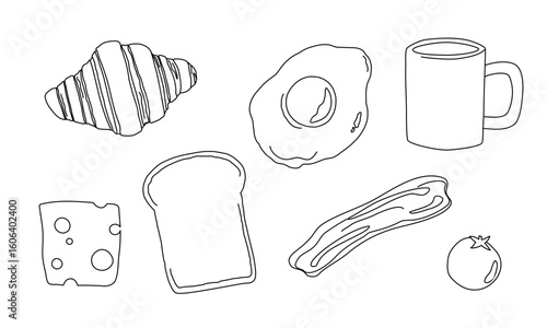 Set of breakfast foods. Simple line art. Hand drawn vector illustration. Toast, fried egg, croissant, bacon, cheese, tomato, coffee.