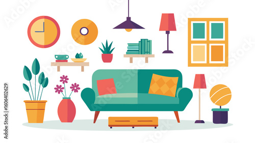 Stylized Living Room Interior with Teal Sofa Plants and Geometric Decor Featuring a Modern and Colorful Aesthetic Perfect for Home Design Inspiration and Vector Illustration
