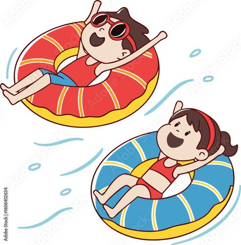 Two happy children floating on inner tubes swimming summer