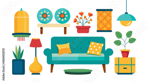 A vibrant and colorful illustration showcasing various elements of home decor including a teal sofa lamps plants and decorative objects all arranged in a pleasing