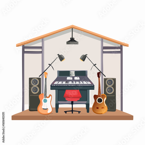 Home Music Studio with Keyboard Guitars and Speakers