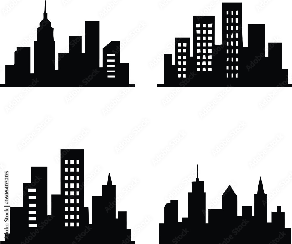 Naklejka premium Diverse city skylines with varying architectural styles and building heights silhouette