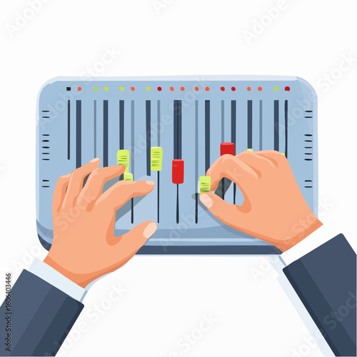 Hands Adjusting Audio Mixer Controls Soundboard Operation