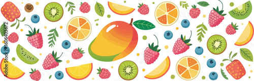 Assorted Mango Orange Kiwi Strawberry Raspberry Blueberry Fruits Pattern White