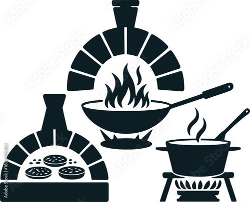 Stone oven cooking with pots and pans food fire