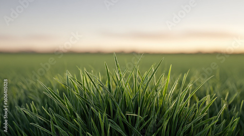 Green grass close up with blurred field and sky background