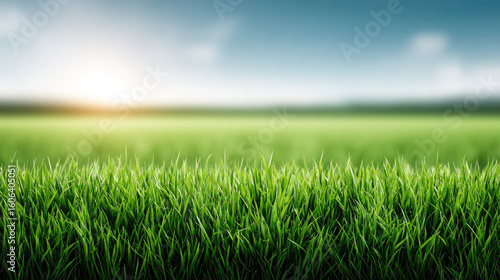 Green grass field with sunlight and blue sky in background