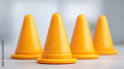 Orange traffic cones arranged in row on smooth surface