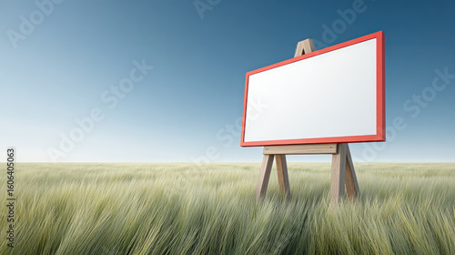 Blank signboard with red frame stands in green field under blue sky