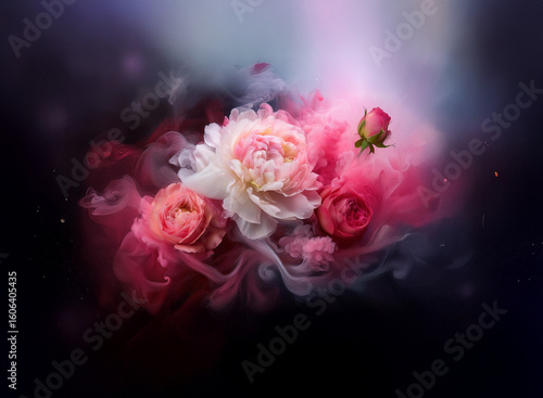 Wallpaper Mural Pink and white peonies and roses emerge from a swirling, dark background of smoke and color.  The soft lighting accentuates the delicate petals and the ethereal quality of the scene. Torontodigital.ca