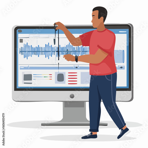 Audio Engineer Working on Sound Waves with Headphones and Monitor