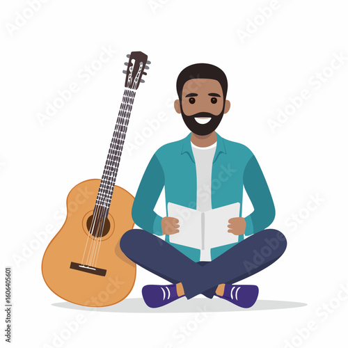 Relaxed Man Reading Book with Guitar Enjoying Leisure Time