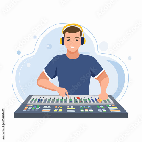 Man Mixing Music on Soundboard with Headphones Illustration