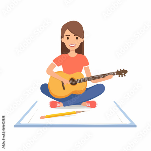 Woman Playing Acoustic Guitar on Music Sheet