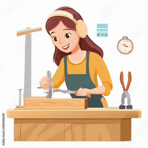 Woman Carpenter Working on Wood Project