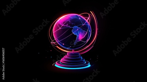 A glowing, translucent orb representing Earth on a futuristic stand, encircled by vibrant neon rings suggesting global connectivity. 